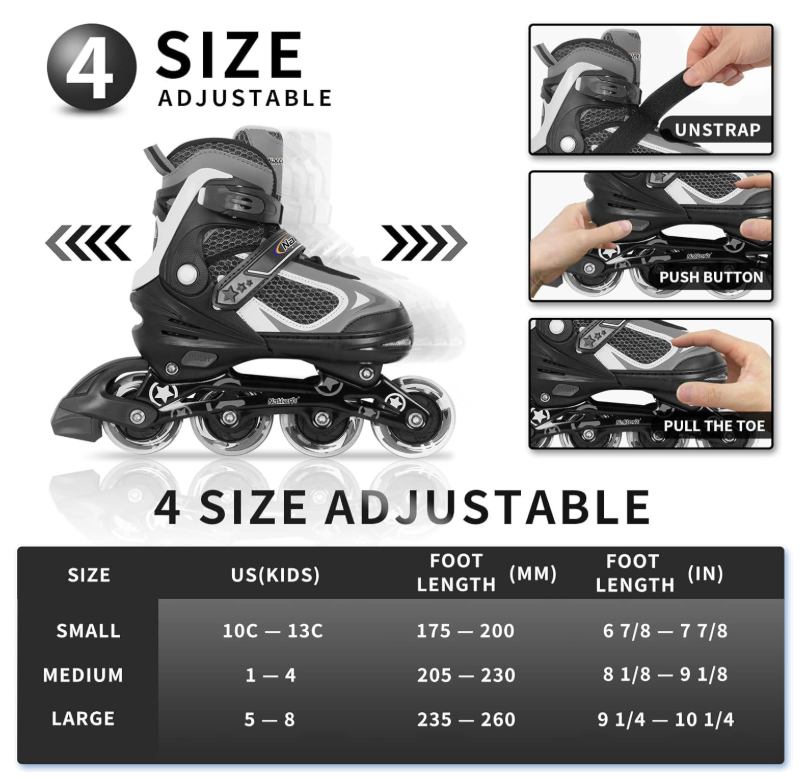 Nattork Kids Adjustable Inline Roller Blades Light Up Skating Shoes Size US 1-4