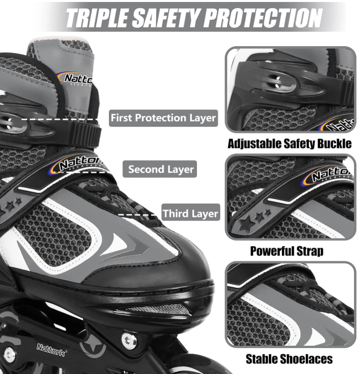 Nattork Kids Adjustable Inline Roller Blades Light Up Skating Shoes Size US 1-4