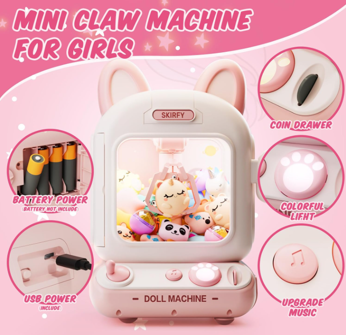 Skirfy Electric Pink Cat Music Playing Claw Machine With Coins & Prizes