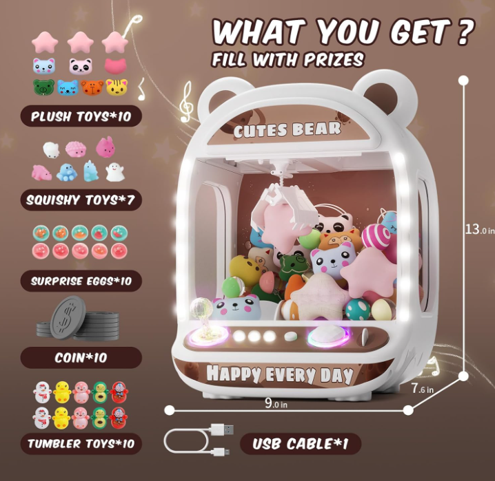 Skirfy Electric Brown Bear Music Playing Claw Machine With Coins & Prizes