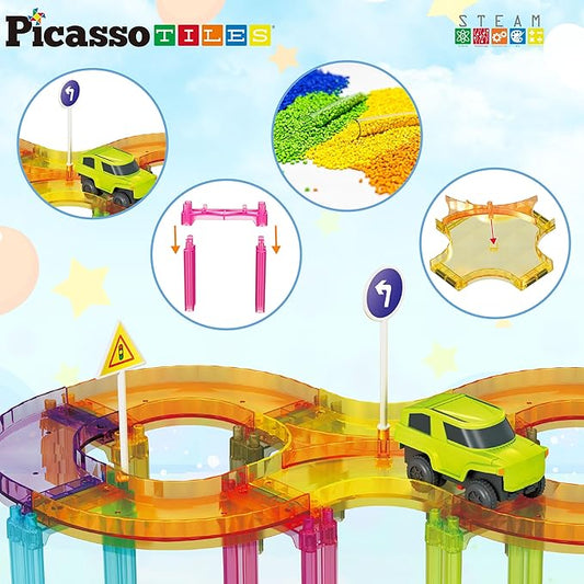 Picasso Tiles 40 Pcs Mini Diamond Magnetic Tile Race Track Set Building Blocks