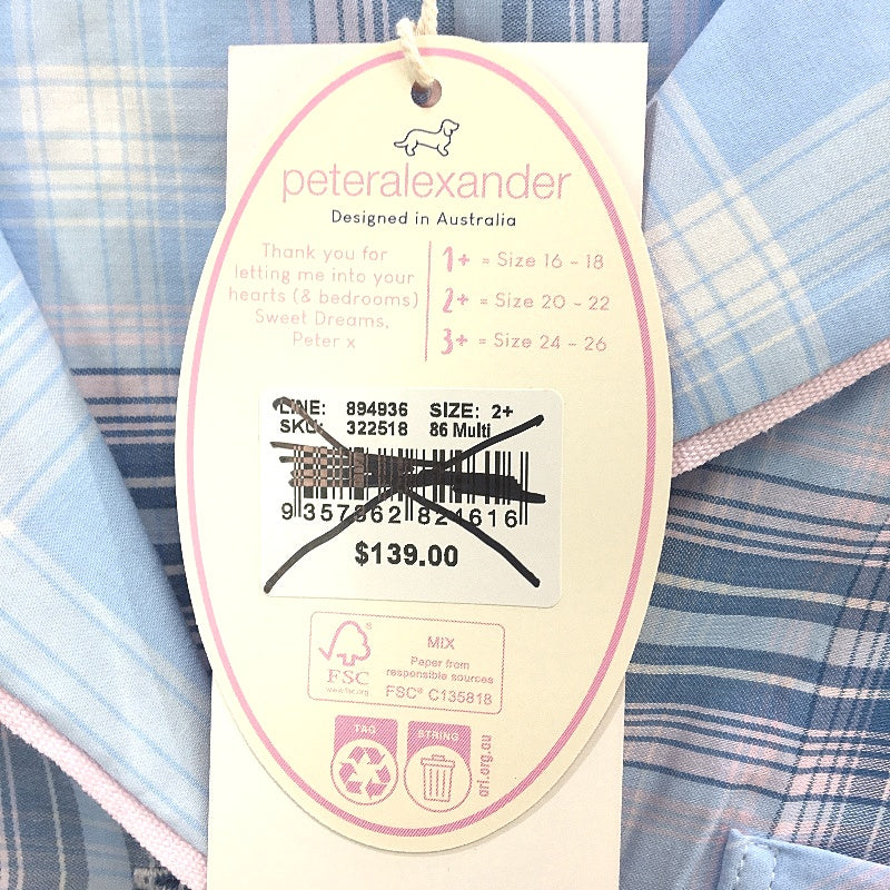 Peter Alexander Blue Check Short Sleeve Cotton PJ Set Ladies Size 2 Plus NEW