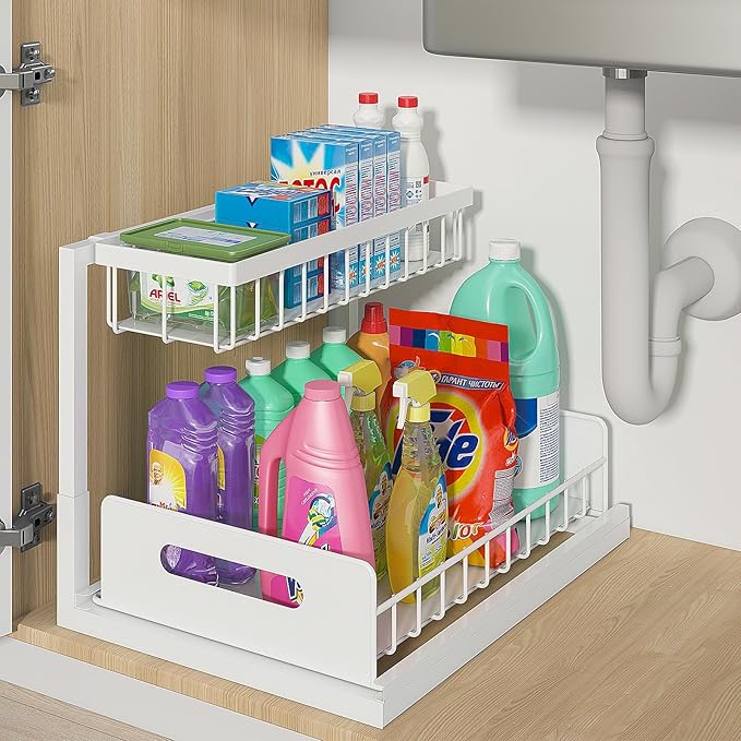 Homodoskey 2pk 2 Tier Under Sink Free Standing Pull Out Organiser in White NEW