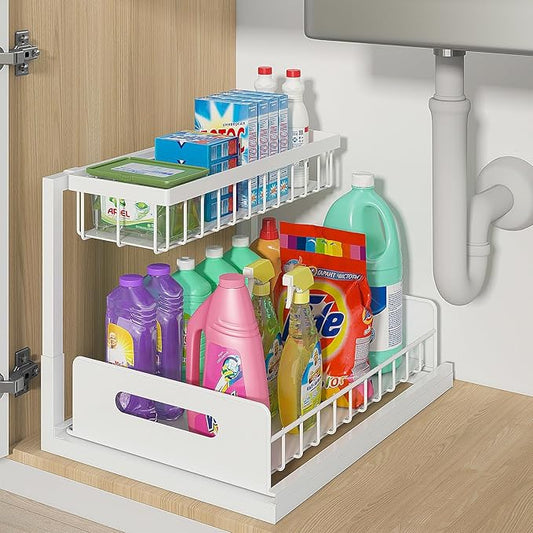 Homodoskey 2pk 2 Tier Under Sink Free Standing Pull Out Organiser in White NEW