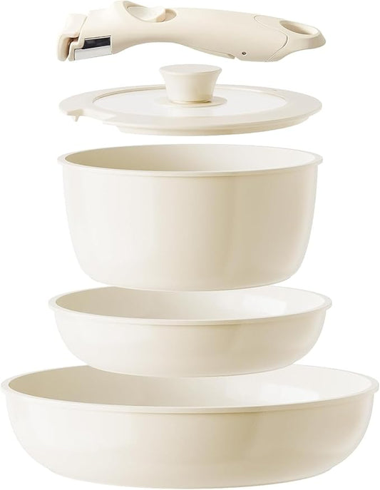 PTEROMYS 6pc Bakelite with Silicone White Orange Fleck Pots and Pans Set NEW