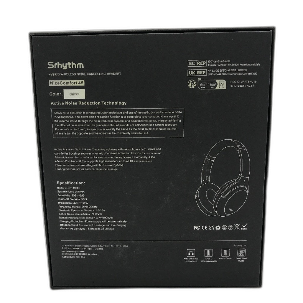 Srhythm NiceComfort 45 Hybrid Noise Cancelling Wireless Headphones in Silver NEW