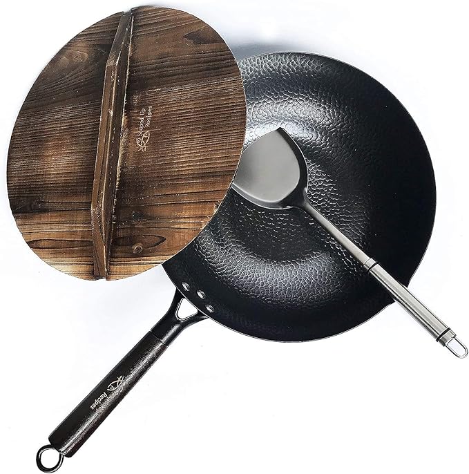 Souped Up Recipes 12.5 Inch Preseasoned Carbon Steel Wok with Wooden Lid NEW
