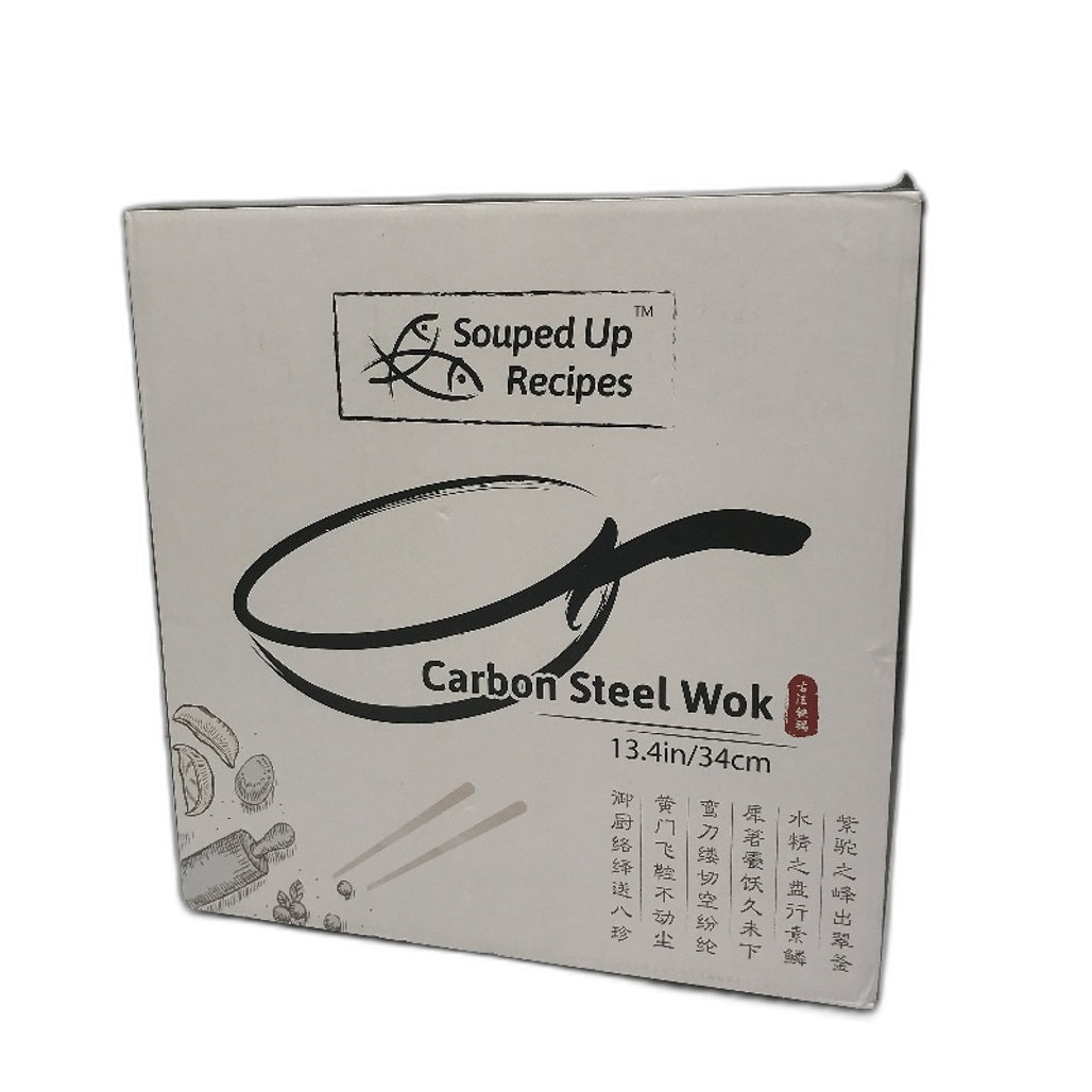 Souped Up Recipes 13.4 Inch Preseasoned Carbon Steel Wok with Wooden Lid NEW