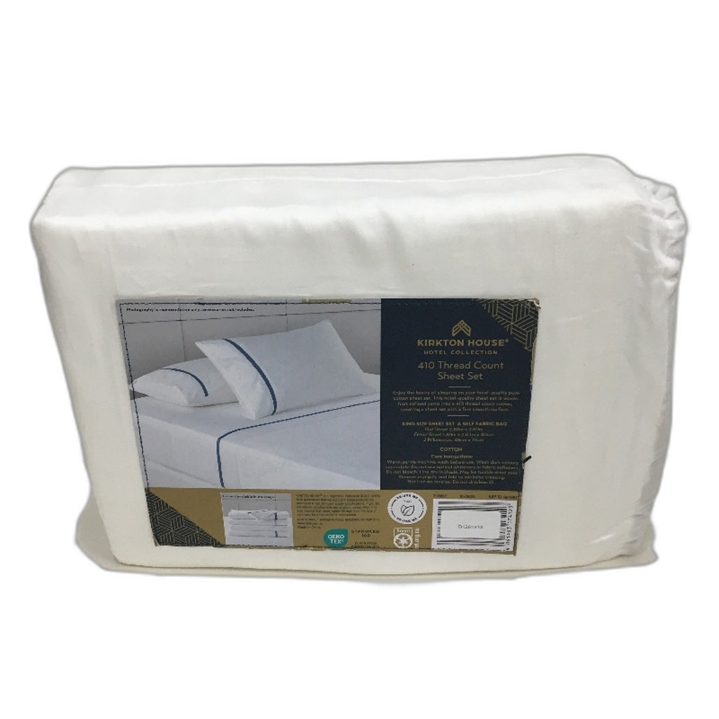 Kirkton House Bright White Blue Rim 100% Cotton 410TC Sheet Set KING Bed NEW