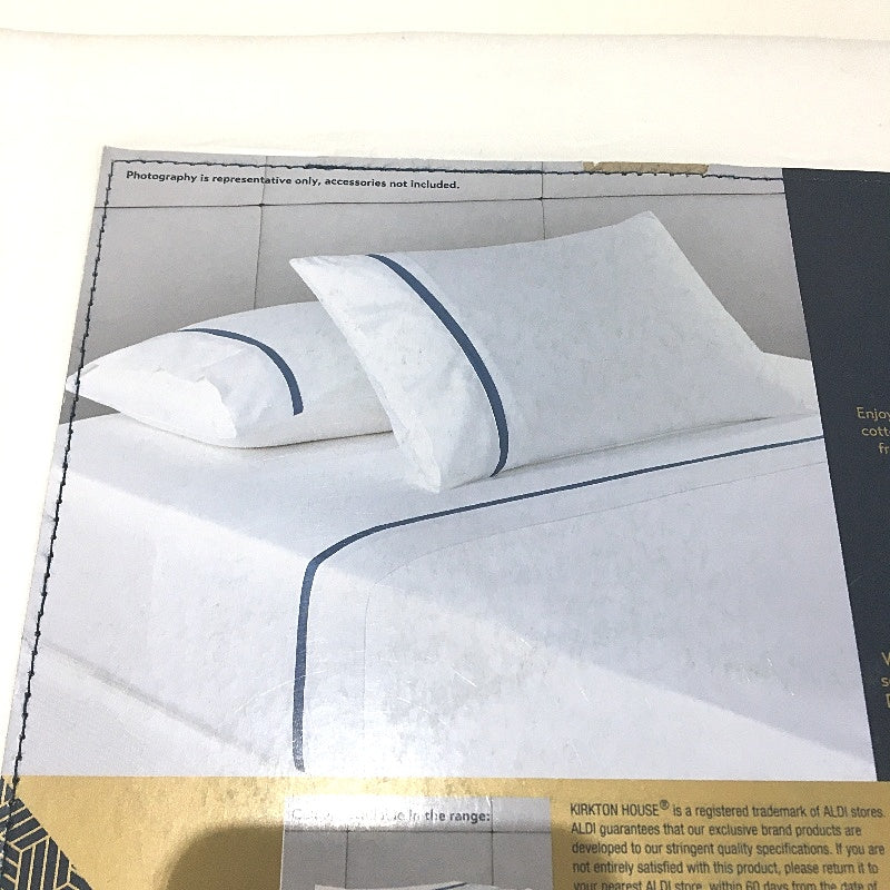 Kirkton House Bright White Blue Rim 100% Cotton 410TC Sheet Set KING Bed NEW
