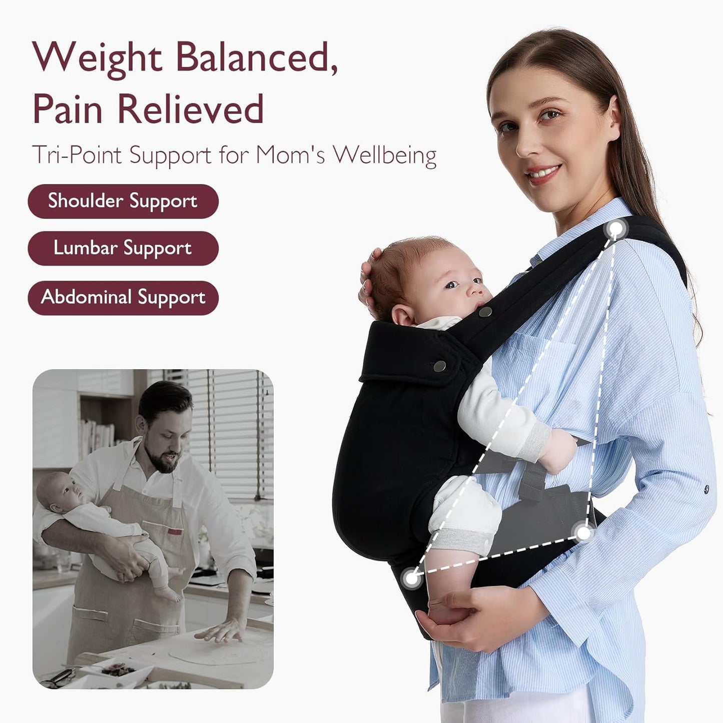 Momcozy Black Cotton 3 in 1 Lumbar Support Handsfree Baby Carrier 3-24Months NEW