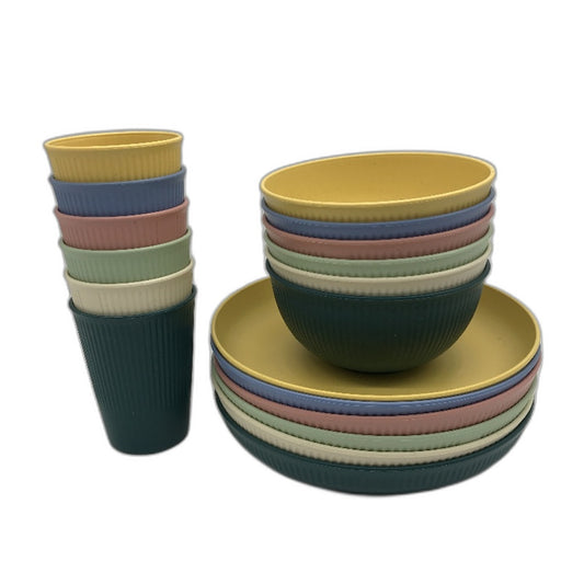 18 Piece Wheat Straw Multicoloured Dinnerware Bowl Plates and Cup Set NEW