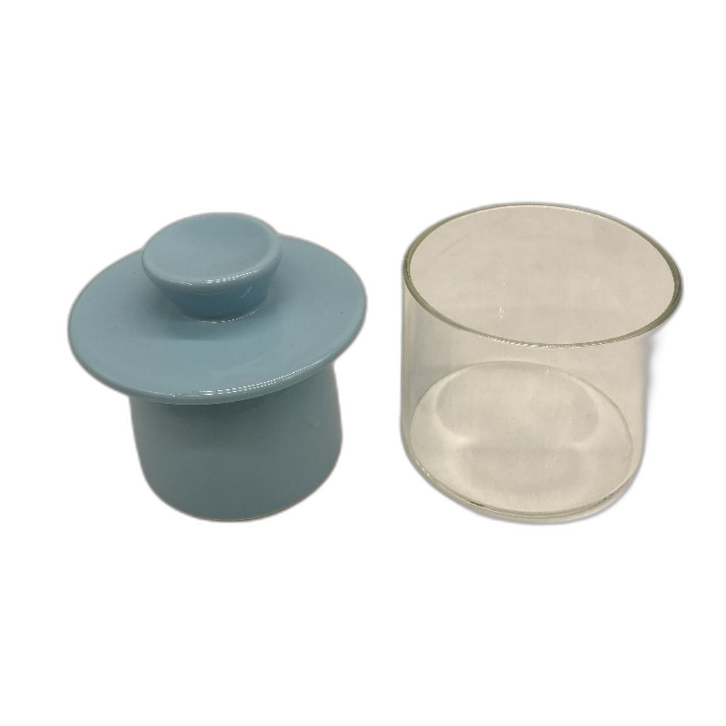 Light Blue Round Ceramic French Butter Crock and Glass Container NEW