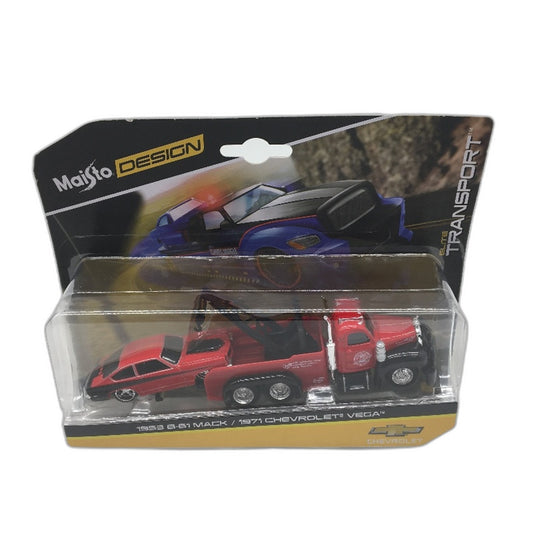 Maisto #15055 1953 B-61 Mack and 1971 Chevrolet Vega Model Cars in Red NEW