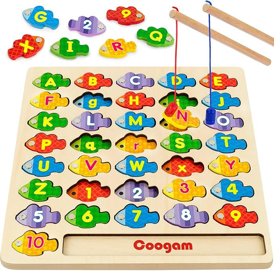 Coogam Magnetic Alphabet Letters and Numbers Wooden Fishing Puzzle Game NEW