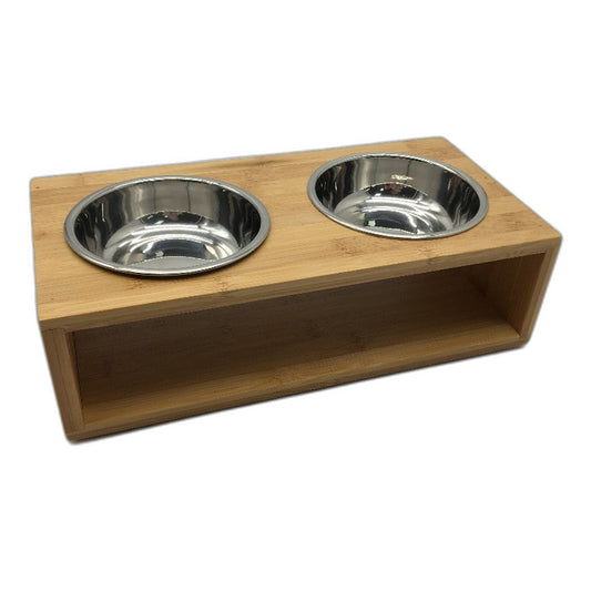 Bamboo Timber Double SS Bowl Elevated Pet Feeder Stand Cats & Small Dogs NEW