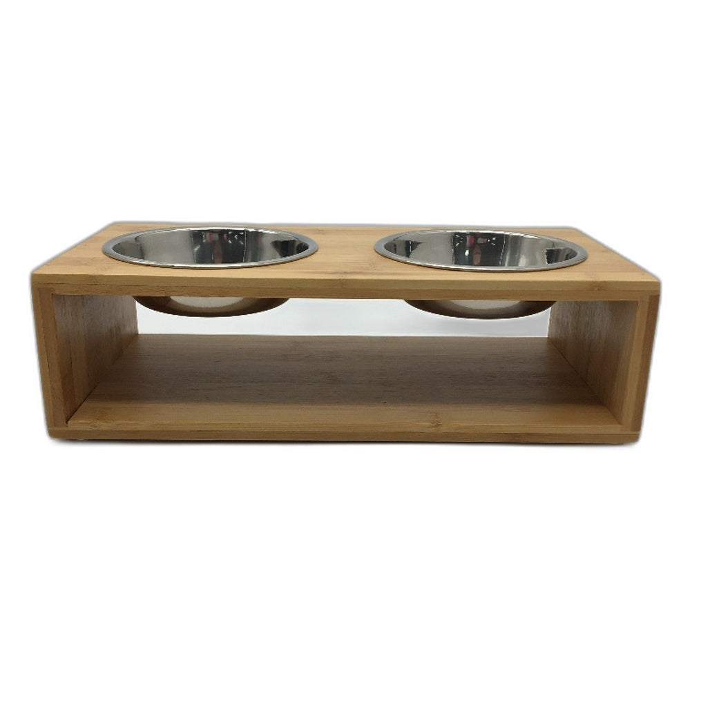 Bamboo Timber Double SS Bowl Elevated Pet Feeder Stand Cats & Small Dogs NEW