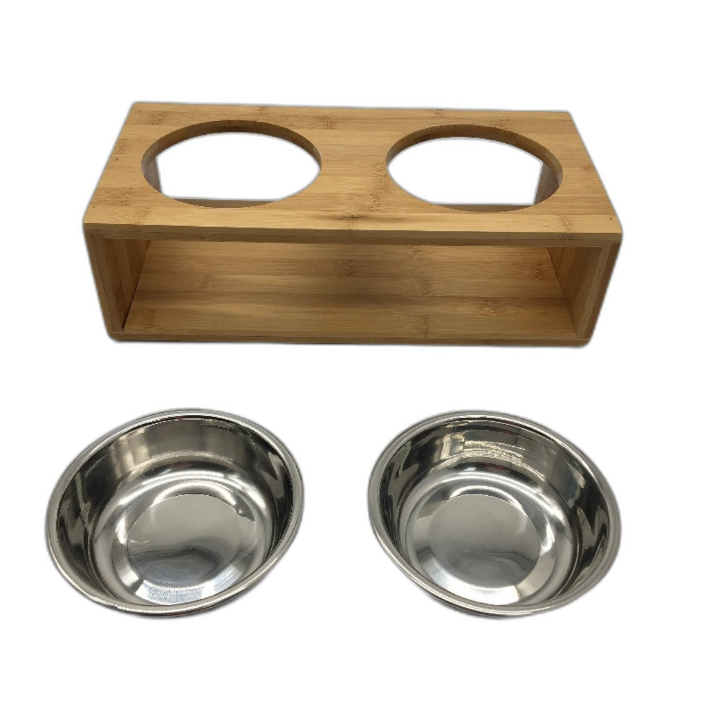 Bamboo Timber Double SS Bowl Elevated Pet Feeder Stand Cats & Small Dogs NEW