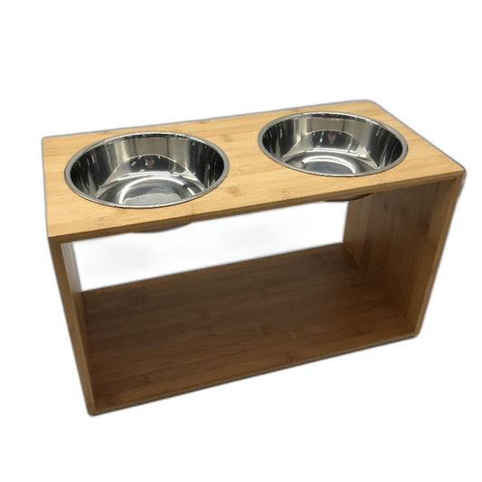 Bamboo Timber Double SS Bowl Elevated Pet Feeder Stand Medium to Large Dogs NEW