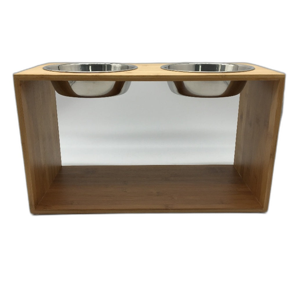 Bamboo Timber Double SS Bowl Elevated Pet Feeder Stand Medium to Large Dogs NEW