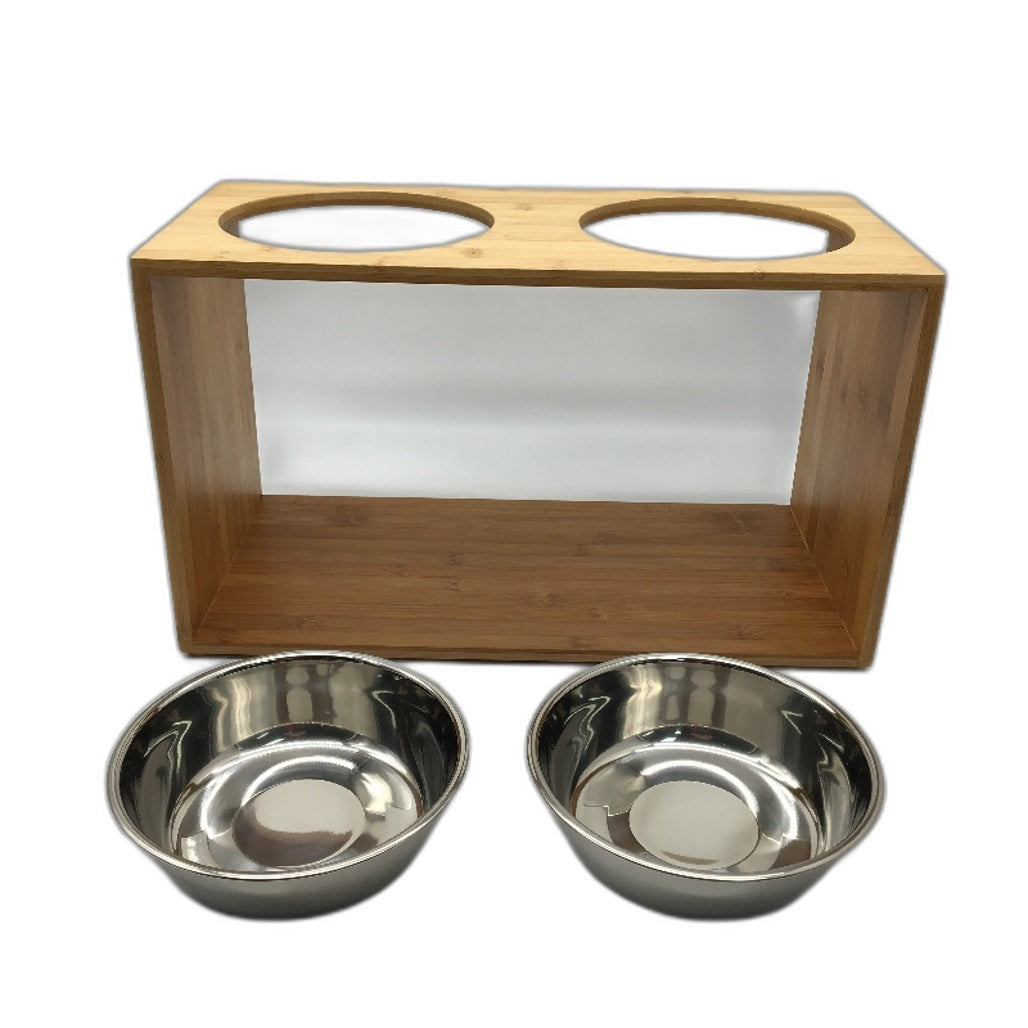 Bamboo Timber Double SS Bowl Elevated Pet Feeder Stand Medium to Large Dogs NEW