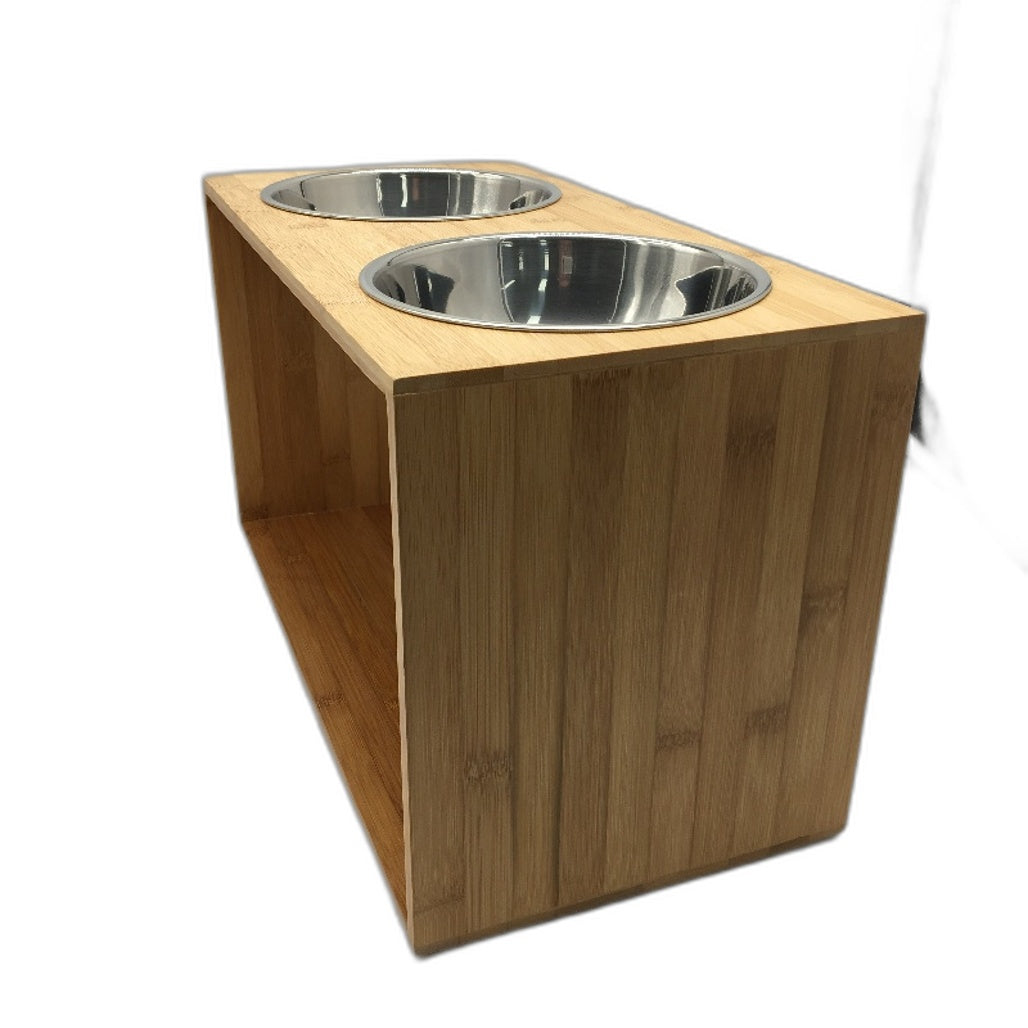 Bamboo Timber Double SS Bowl Elevated Pet Feeder Stand Medium to Large Dogs NEW