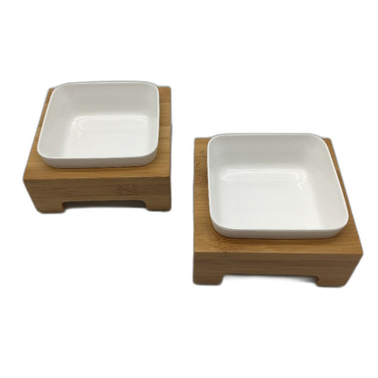 2 Pack Bamboo Elevated Pet Feeder Stand With Plastic Bowl Cats & Small Dogs NEW