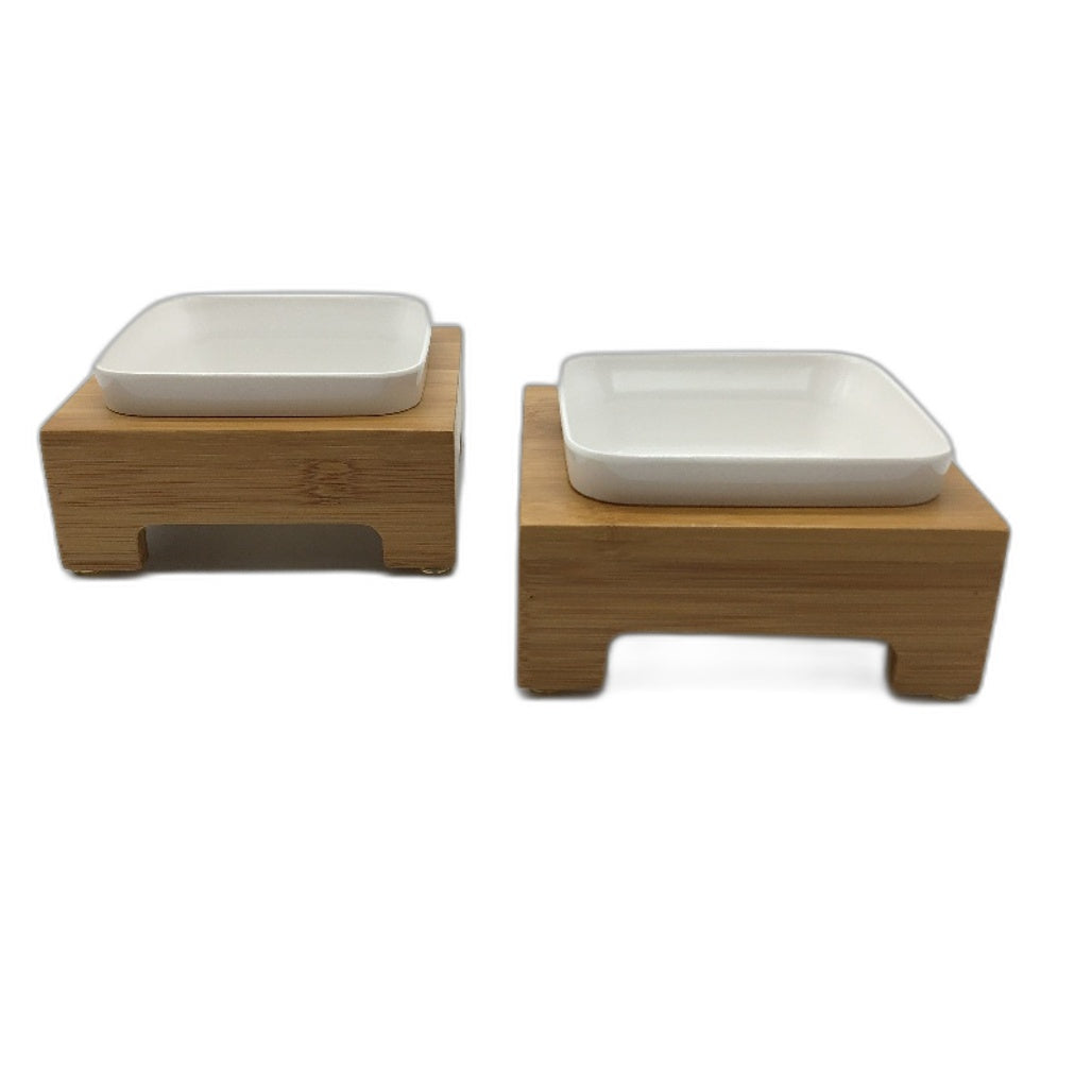 2 Pack Bamboo Elevated Pet Feeder Stand With Plastic Bowl Cats & Small Dogs NEW