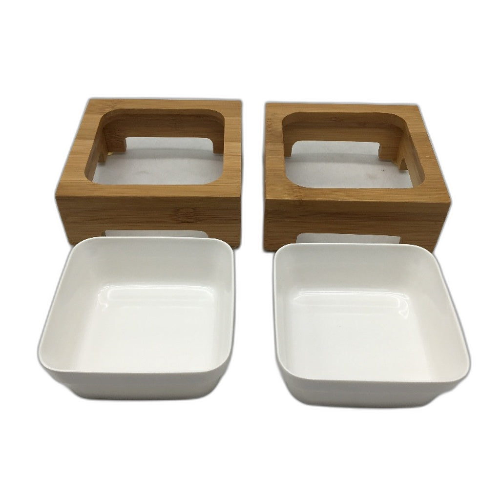 2 Pack Bamboo Elevated Pet Feeder Stand With Plastic Bowl Cats & Small Dogs NEW