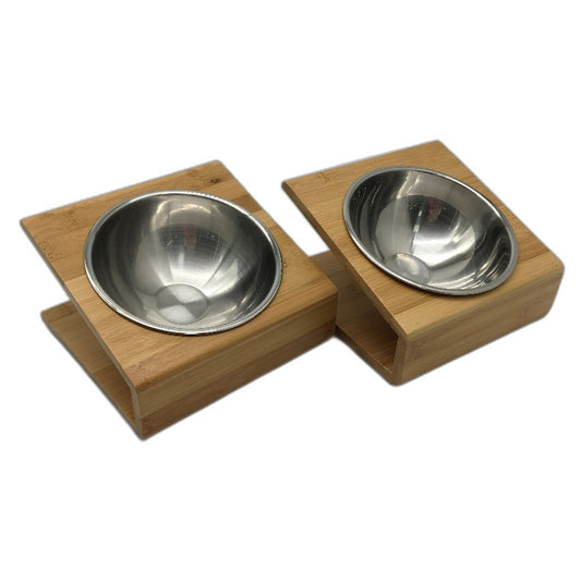 2 Pack Bamboo Elevated Slanted Pet Feeder Stand St Steel Bowl Cats & Dogs NEW