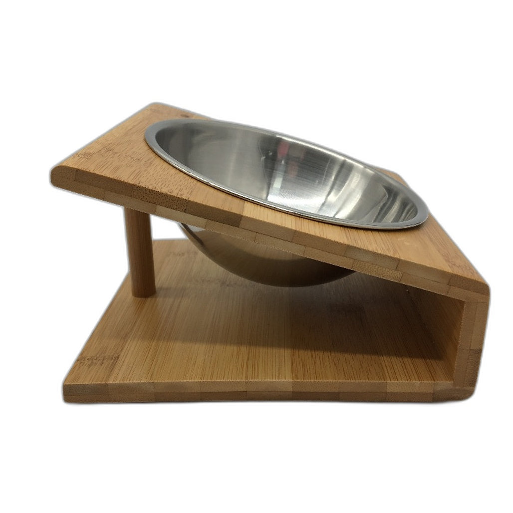 2 Pack Bamboo Elevated Slanted Pet Feeder Stand St Steel Bowl Cats & Dogs NEW