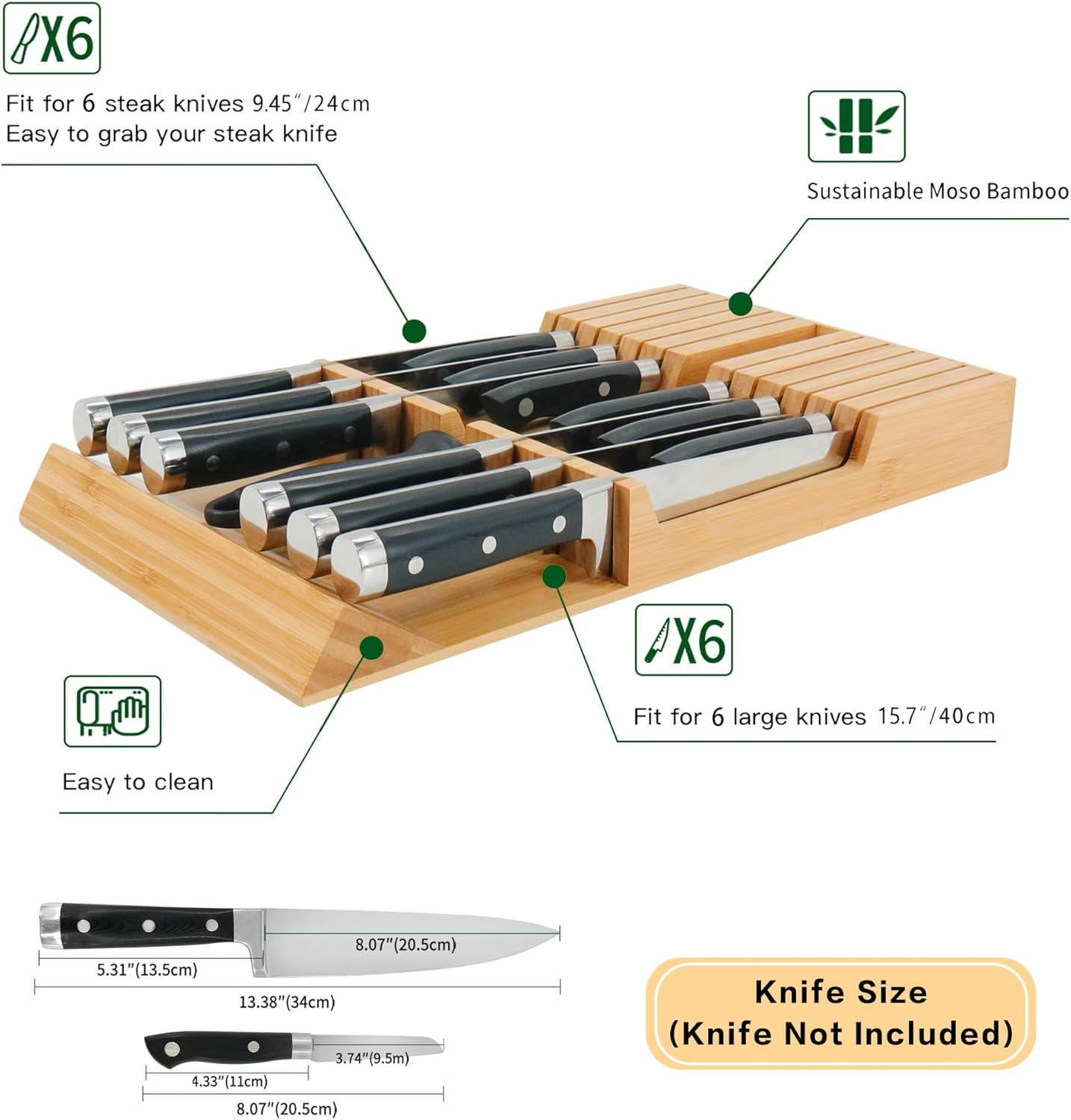 Utoplike In-Drawer Knife Block Bamboo Timber Kitchen Drawer Organizer NEW