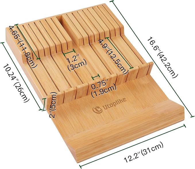 Utoplike 16 Compartment Moso Bamboo Wood In Drawer Knife Organiser Block NEW