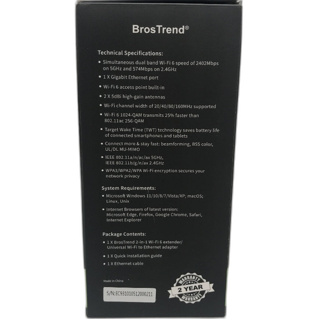 BrosTrend AX3000 Dual Band Wifi6 Range Extender to Gigabit Ethernet Adapter NEW