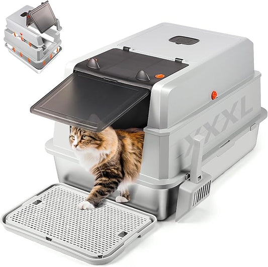 Bartuke XXXL Enclosed Stainless Steel Grey Metal Litter Box with Scooper NEW