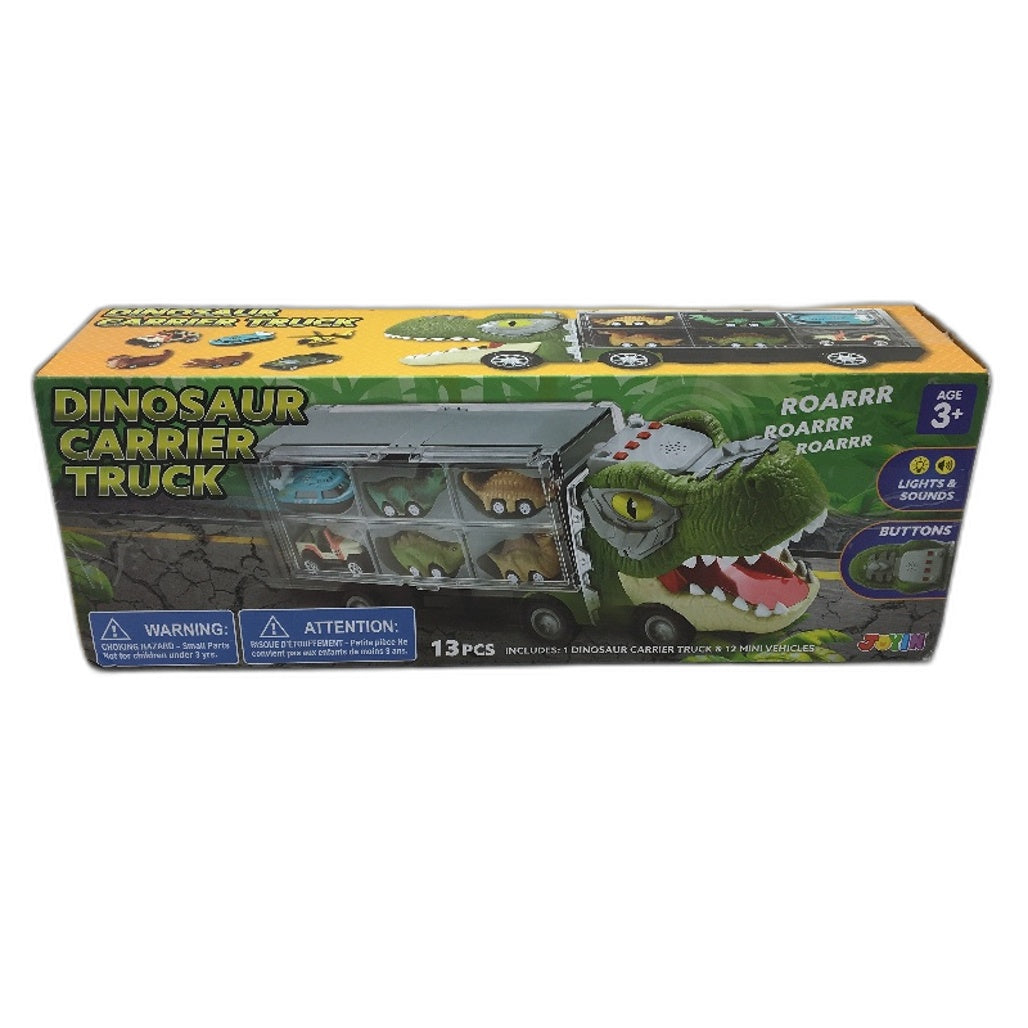 13 Piece Dinosaur Mini Car Carrier Truck Toy with Lights and Sounds NEW