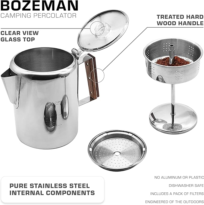 COLETTI Bozeman Silver Stainless Steel 9 Cup Stovetop Coffee Percolator NEW