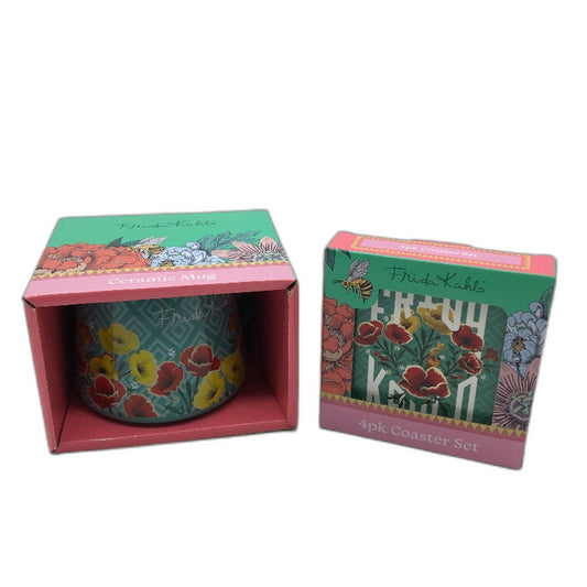 Frida Kahlo Iconic Artist Green Floral Ceramic Mug & 4 Pack Coaster Set NEW