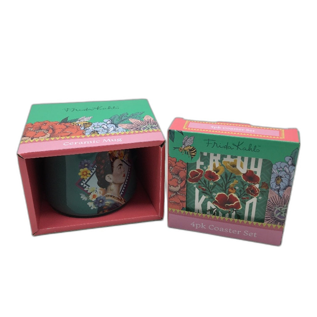 Frida Kahlo Iconic Artist Green Portrait Ceramic Mug & 4 Pack Coaster Set NEW