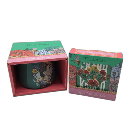 Frida Kahlo Iconic Artist Green Portrait Ceramic Mug & 4 Pack Coaster Set NEW