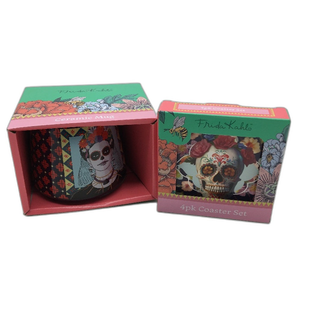 Frida Kahlo Iconic Artist Black Candy Skull Ceramic Mug & 4 Pack Coaster Set NEW