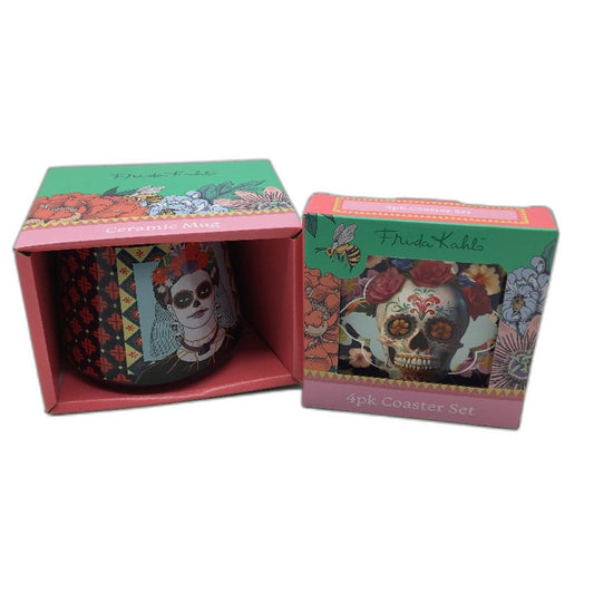 Frida Kahlo Iconic Artist Black Candy Skull Ceramic Mug & 4 Pack Coaster Set NEW