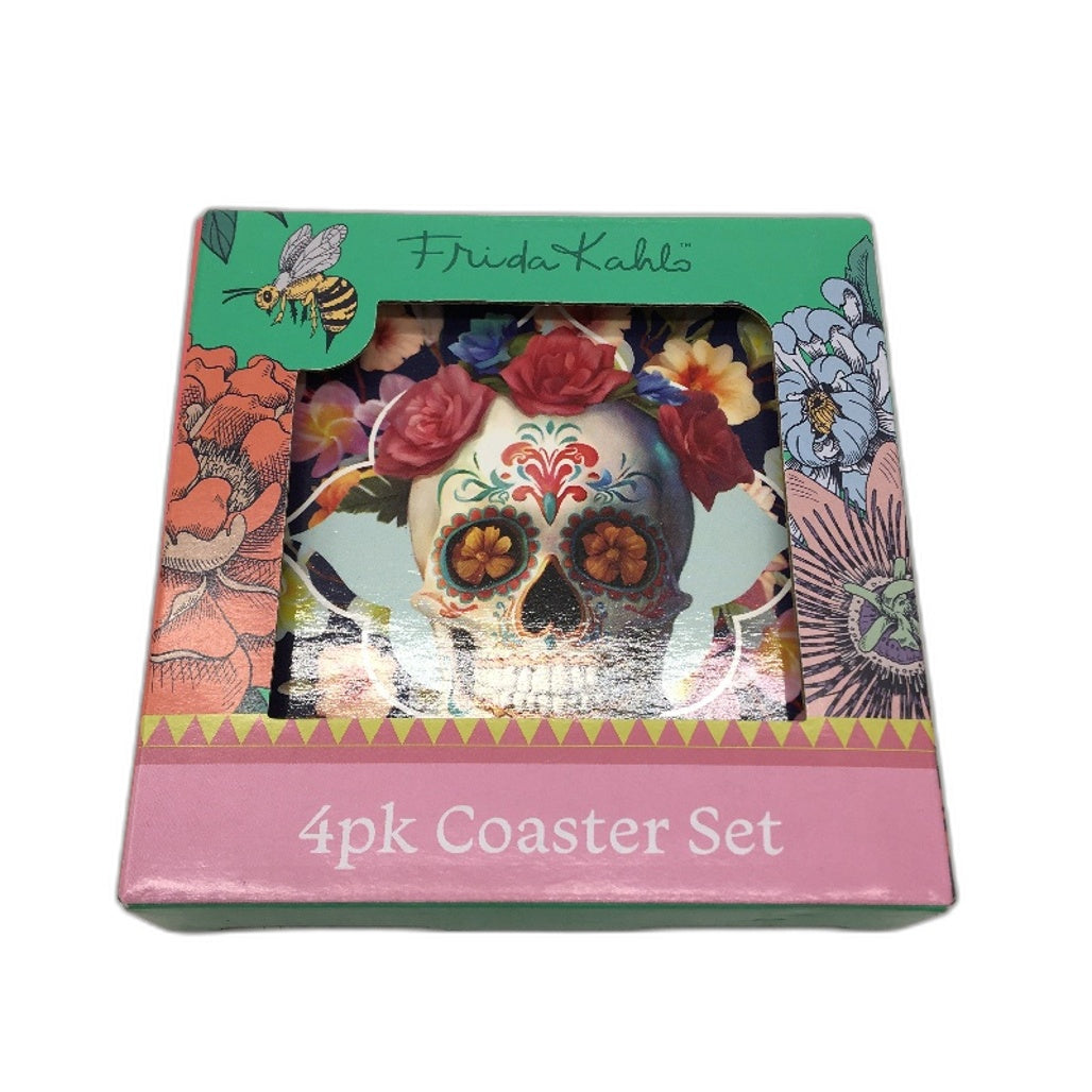 Frida Kahlo Iconic Artist Black Candy Skull Ceramic Mug & 4 Pack Coaster Set NEW