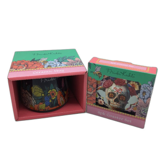 Frida Kahlo Iconic Artist Navy Floral Skull Ceramic Mug & 4 Pck Coaster Set NEW