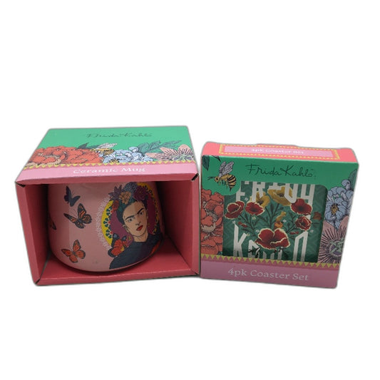 Frida Kahlo Iconic Artist Pink Portrait Skull Ceramic Mug & 4Pck Coaster Set NEW