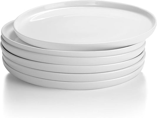 6 Piece 10 Inch Shallow Lipped Edge Round Plain White Ceramic Plate Set NEW