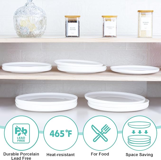 6 Piece 10 Inch Shallow Lipped Edge Round Plain White Ceramic Plate Set NEW