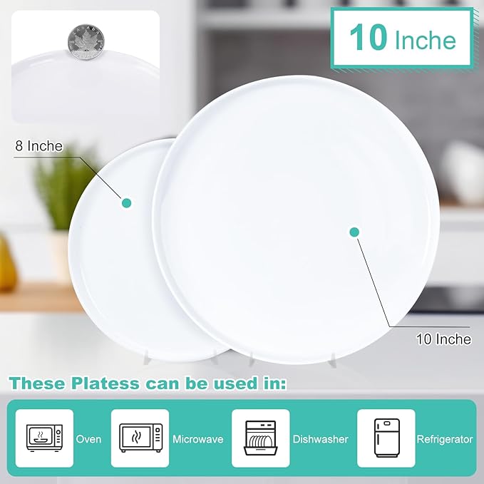 6 Piece 10 Inch Shallow Lipped Edge Round Plain White Ceramic Plate Set NEW