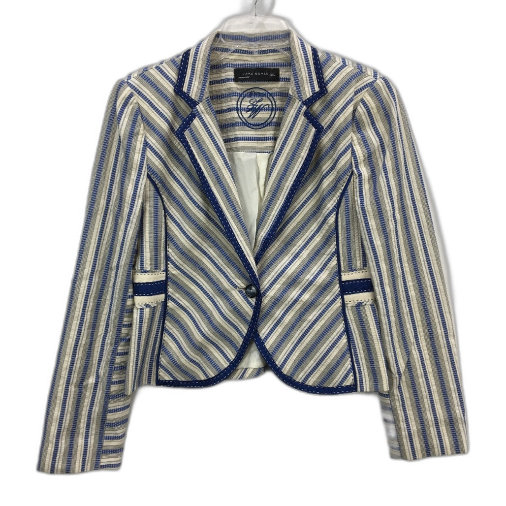 ZARA Vintage Stitching Style Blue Stripe Blazer Jacket Ladies Size Large