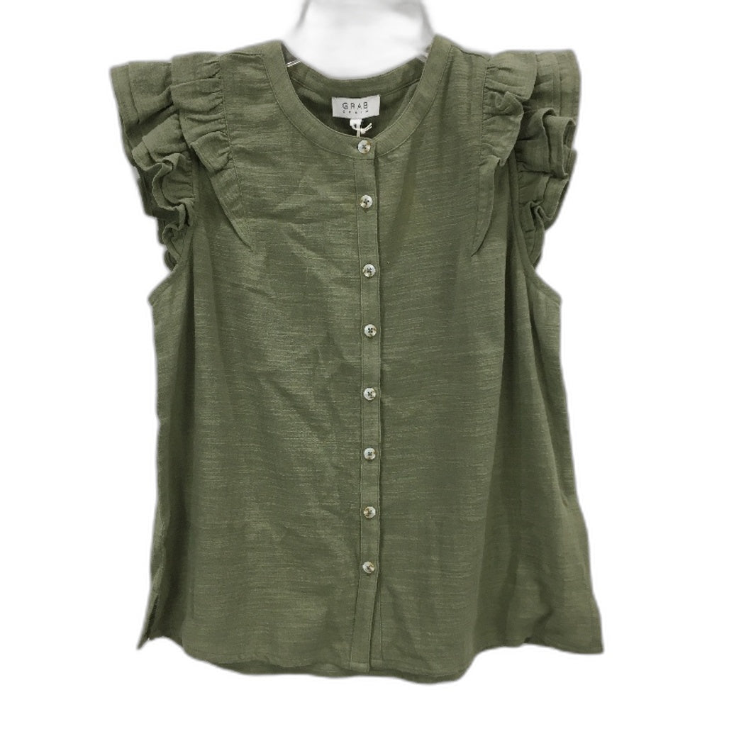 Grab Denim Ruffle Sleeve Sage Green Cotton Button Up Top Ladies Size 10 NEW